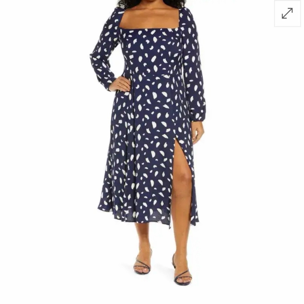 Reformation Navy Midi Dress with White Leaf Print